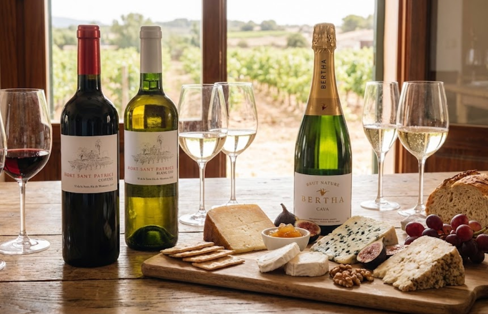 Tabla de quesos con vino y cava