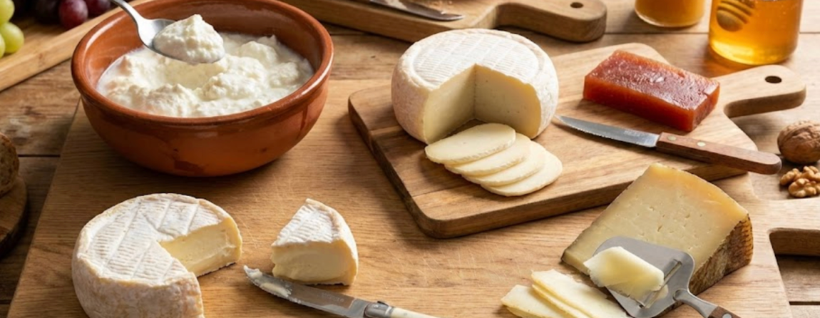 Quesos variados cortados sobre tabla de madera