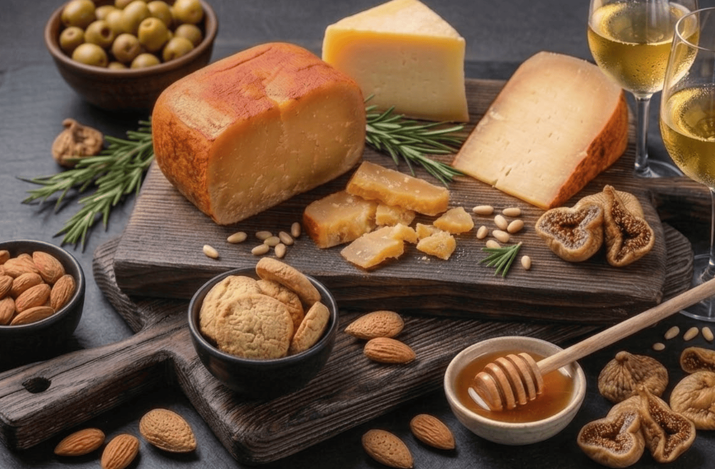 Quesos curados con miel, almendras e higos