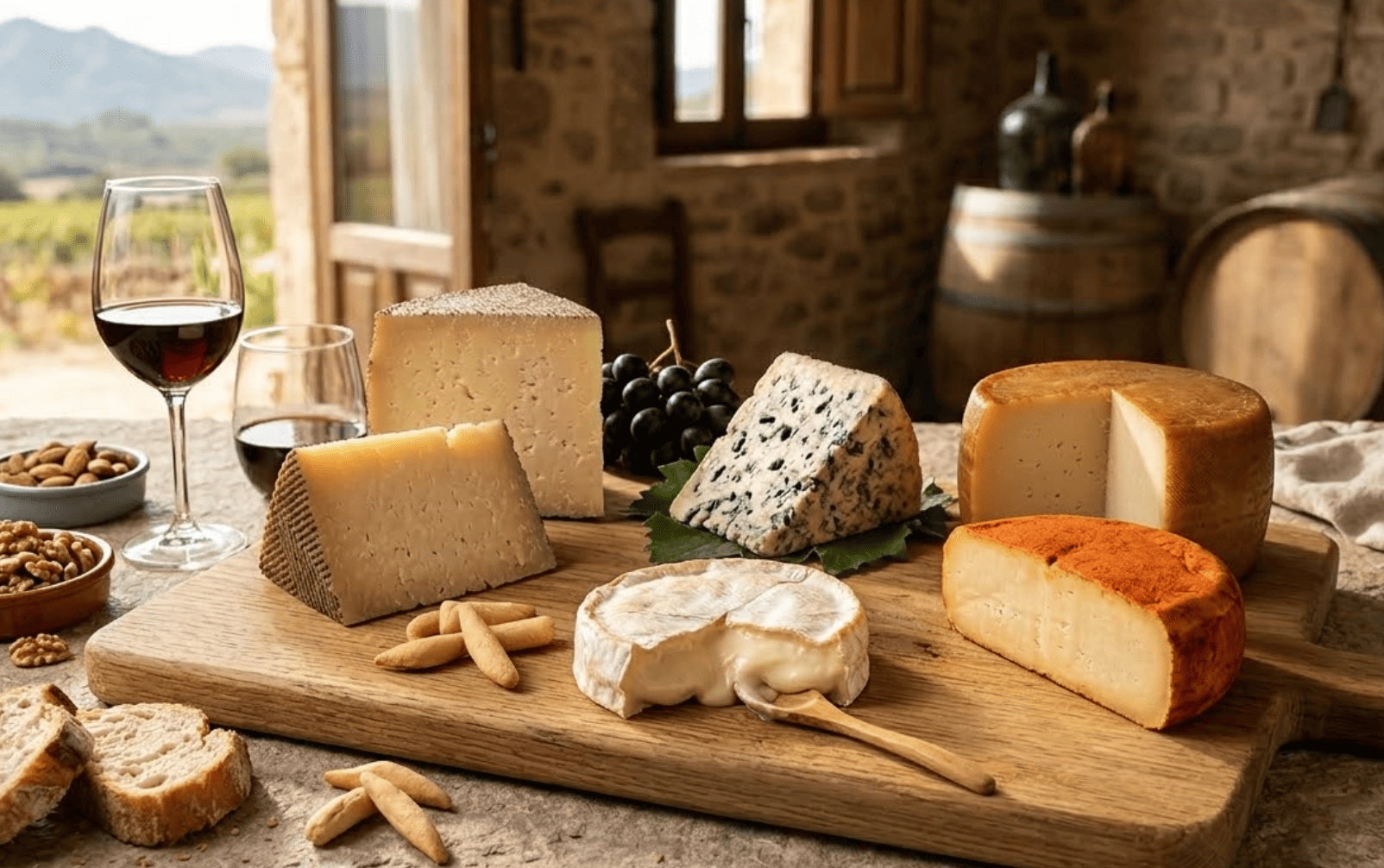 Selección gourmet de quesos artesanos con vino, pan y uvas