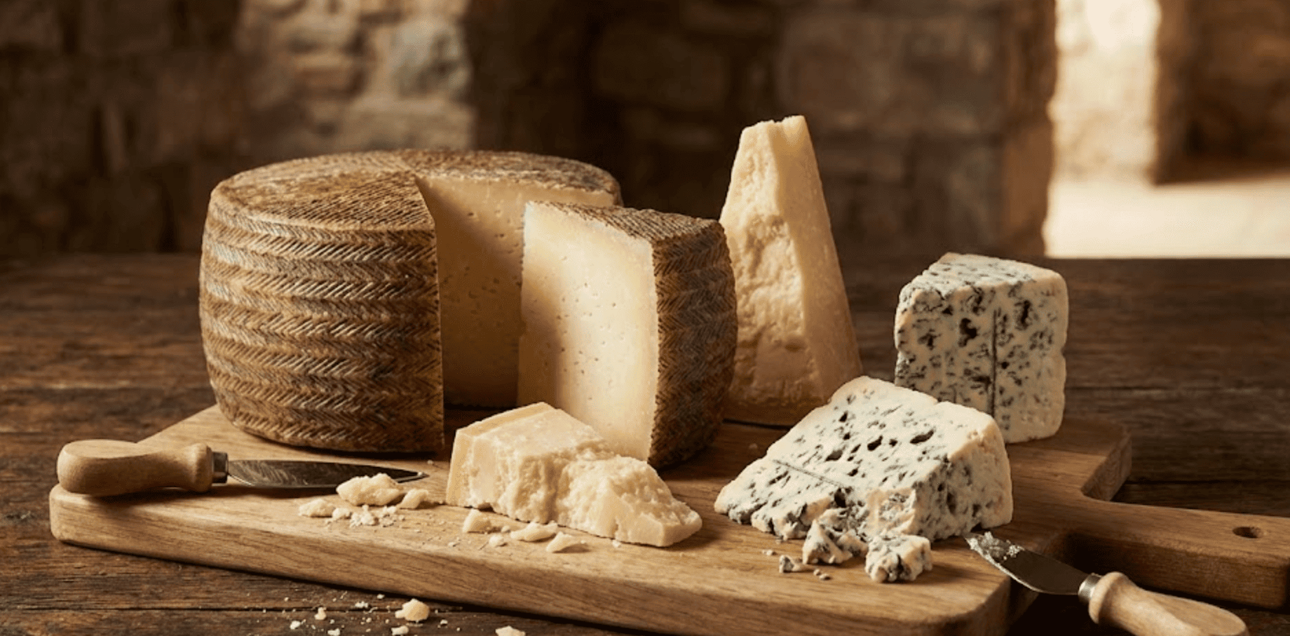 Quesos artesanos variados sobre tabla de madera