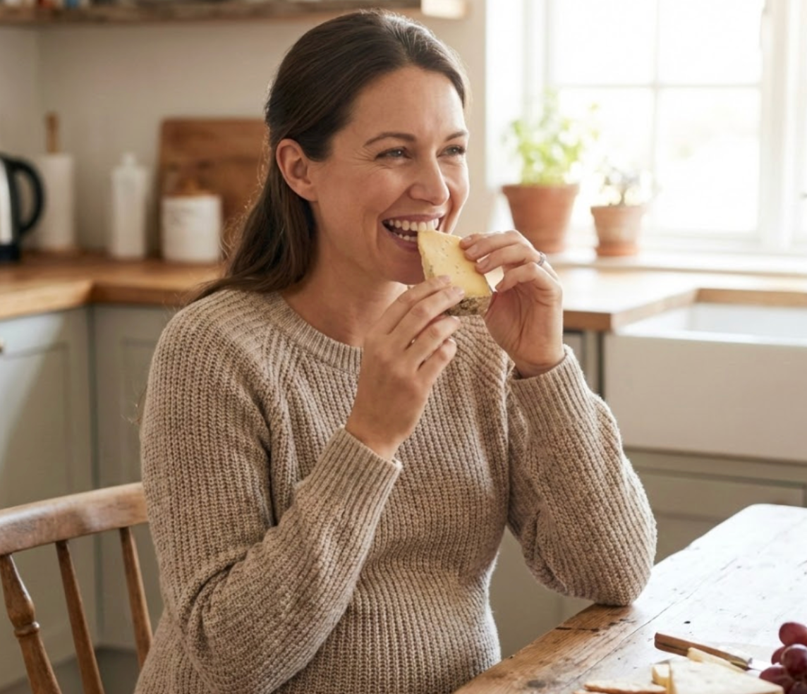 Mujer comiendo queso en la cocina