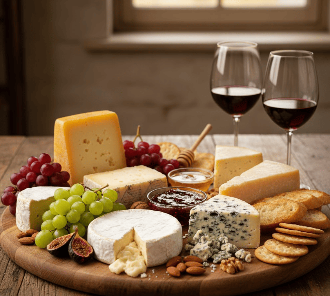Tabla de quesos variados con uvas, pan, miel y dos copas de vino tinto