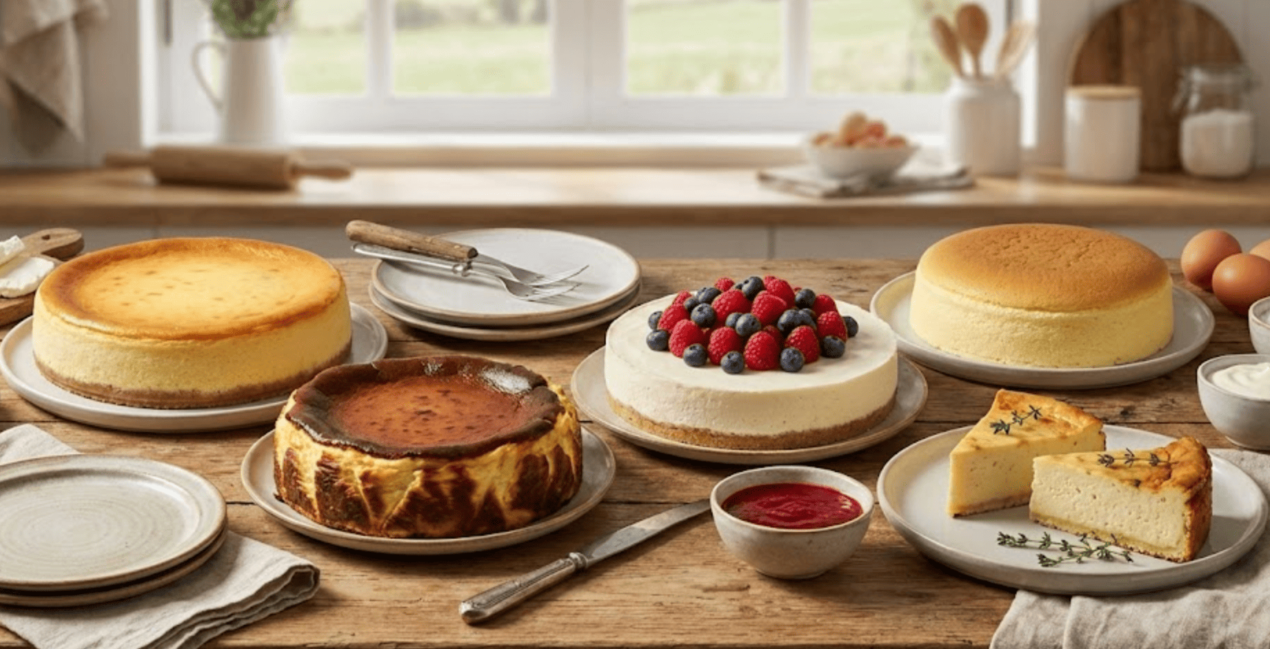 Tartas de queso variadas sobre mesa de madera