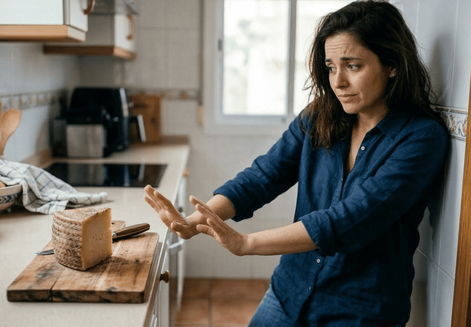 Mujer rechazando una tabla de quesos en la cocina
