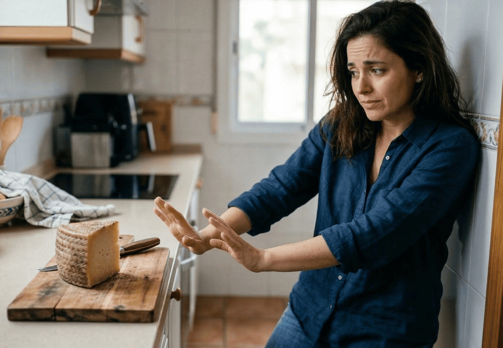 Mujer rechazando una tabla de quesos en la cocina
